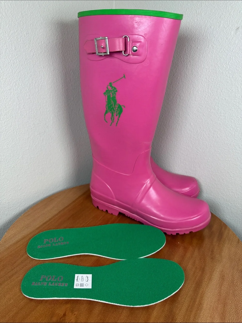 Ralph Lauren Bright Pink & Green Rubber Rain Boots Preppy Galoshes Ladies Size 6